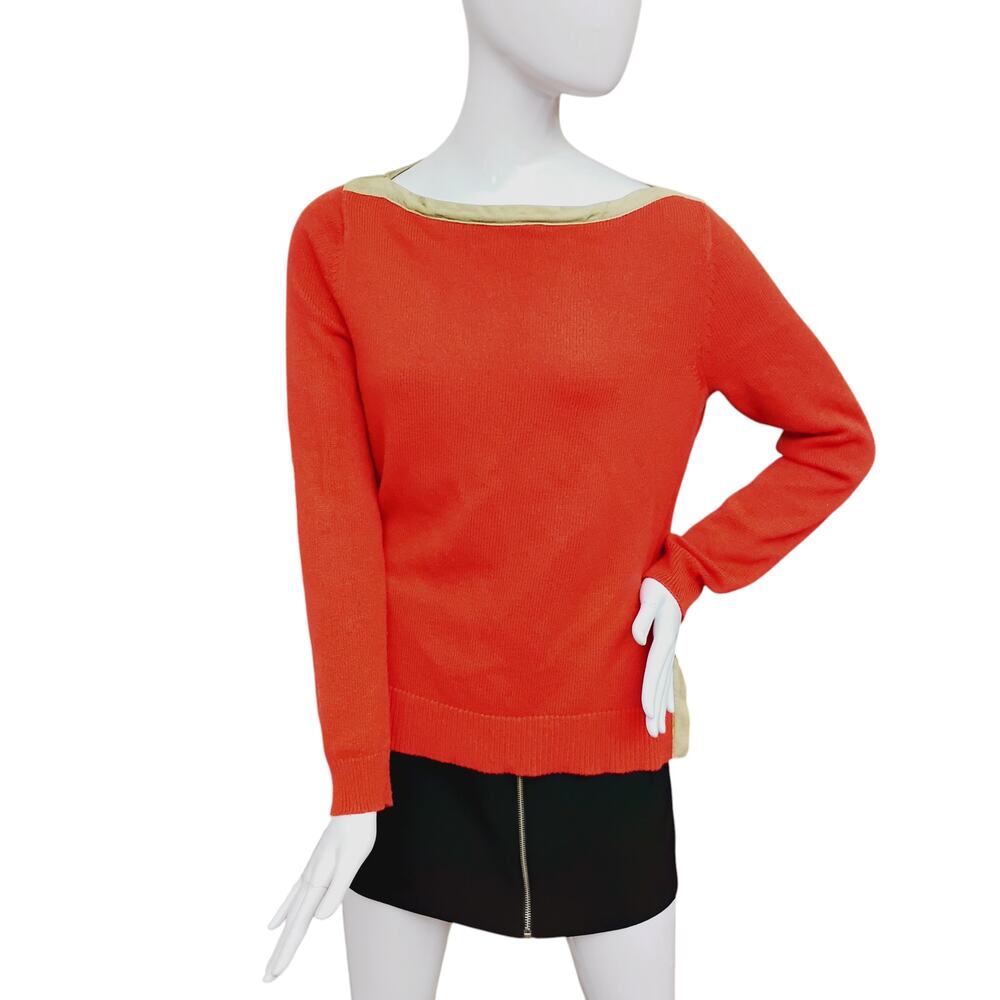 Lauren Ralph Lauren Knit Top Size Medium Petite Orange Vegan Leather Boat Collar